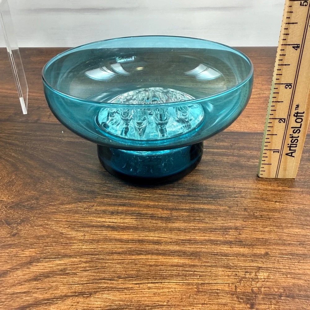 Morgantown Glass Sharon 9922 Flowerlite Peacock Blue Bowl Flower Frog MCM